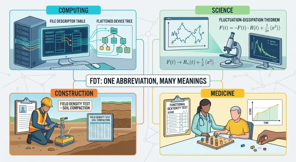 FDT shown in computing, physics, construction, and medical contexts