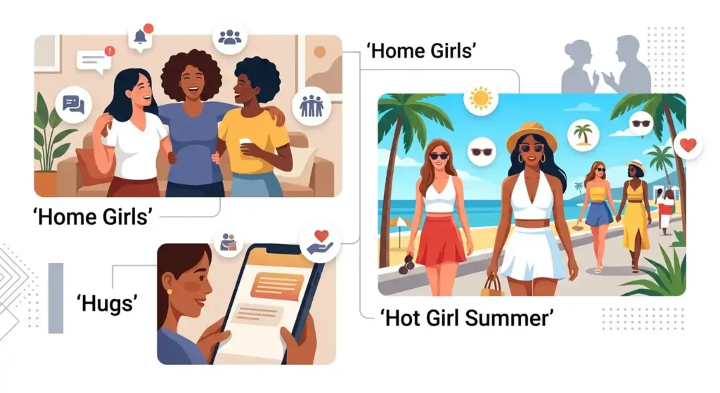 Three contextual meanings of HGS including home girls, Hot Girl Summer, and hugs