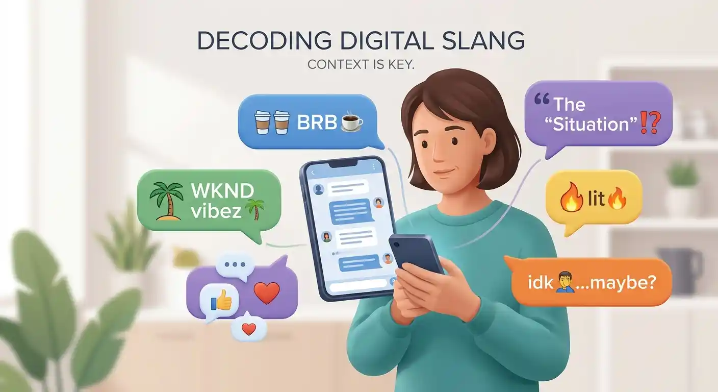 Adult reading informal slang in a text conversation about dating and sensitive topics