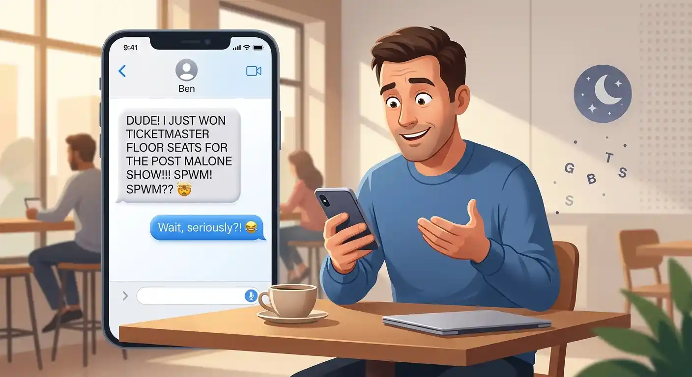 Adult reacting with disbelief to a surprising text message using SPWM