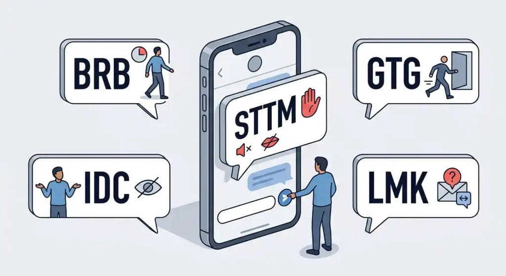 STTM compared with related texting abbreviations BRB GTG IDC and LMK