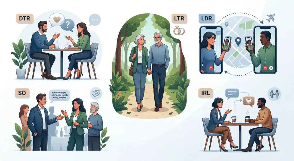 Visual guide showing DTR, LTR, LDR, SO, and IRL with their dating-related meanings.