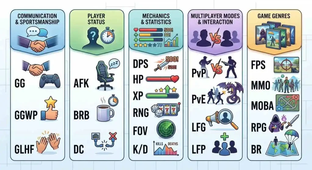 Visual guide grouping gaming abbreviations by communication, mechanics, statistics, and game types