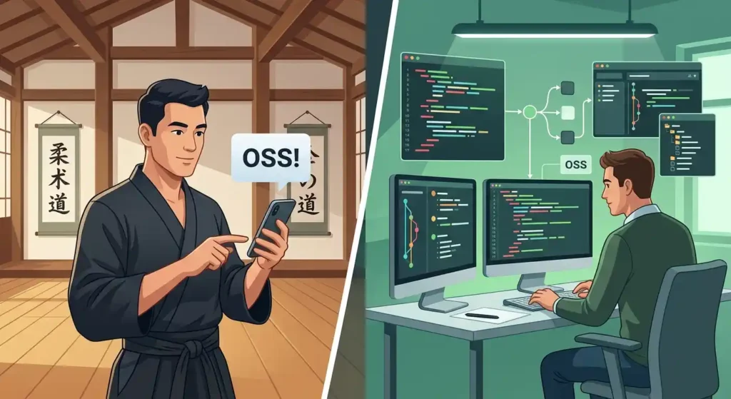 OSS shown in martial-arts and open-source software contexts