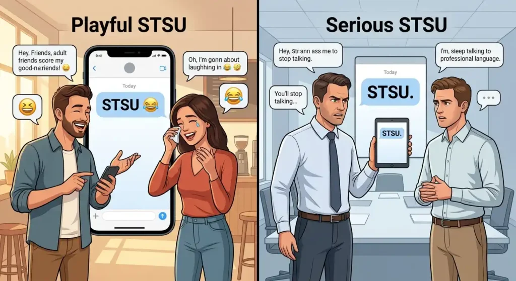 STSU shown in playful and serious texting contexts